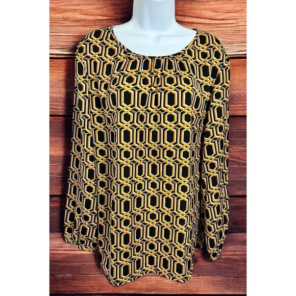 Croft & Barrow Blouse Sz XL Long-Sleeves Geometric Print Black Gold Top Loose - Picture 1 of 7